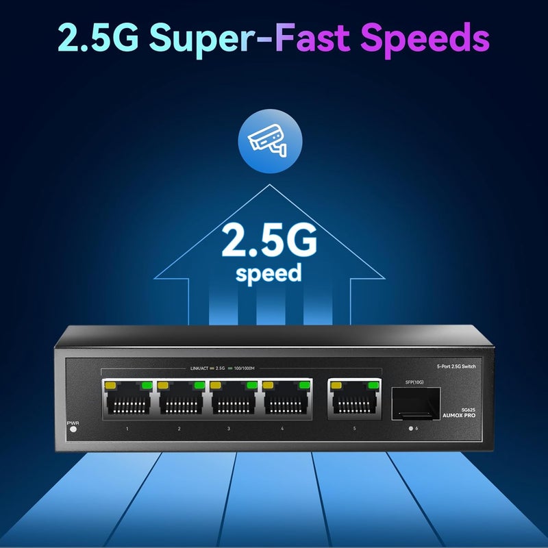 AUMOX PRO 6 Port 2.5Gb Unmanaged Ethernet Switch with 5* 2.5G Base-T Ports, 1*10G SFP Ports, 60Gbps Switching Capacity Compatible with 100/1000/2500Mbps Plug and Play - Image 3